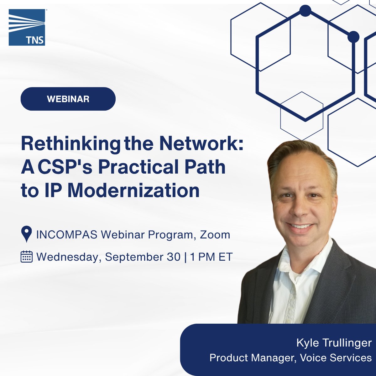 TelecomTNS's tweet photo. Today at 1pm ET! ๐ Join @TelecomTNS's Kyle Trullinger at the @INCOMPAS Webinar on what a well-planned IP transition looks like on the ground for CSPs.๐ฃ๏ธ
๐บ https://t.co/AyG8Y4yS02
#IPModernization #VoiceSolutions #Telecom https://t.co/jDia5AFYUQ