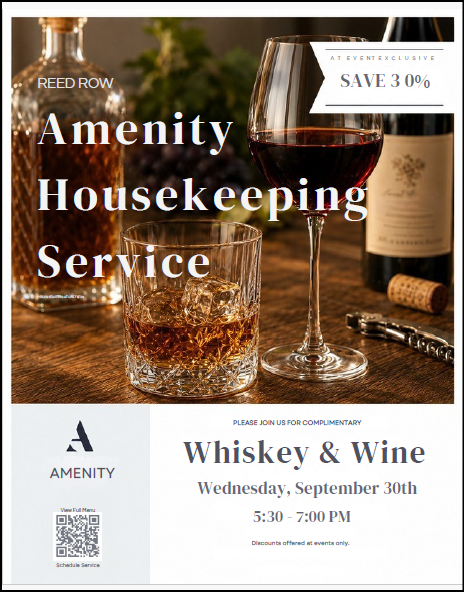 LiveReedRow's tweet photo. 🥃🍷 Sip, savor, and socialize! Join us for a Whiskey &amp; Wine Social in the lobby of Reed Row Apartments, hosted by Amenity Housekeeping Service. Enjoy great drinks and neighborly conversation on September 30, 2026, from 5:30 PM to 7:00 PM. Cheers! 🥂 #WineDownWednesday https://t.co/veYnT4GJFo