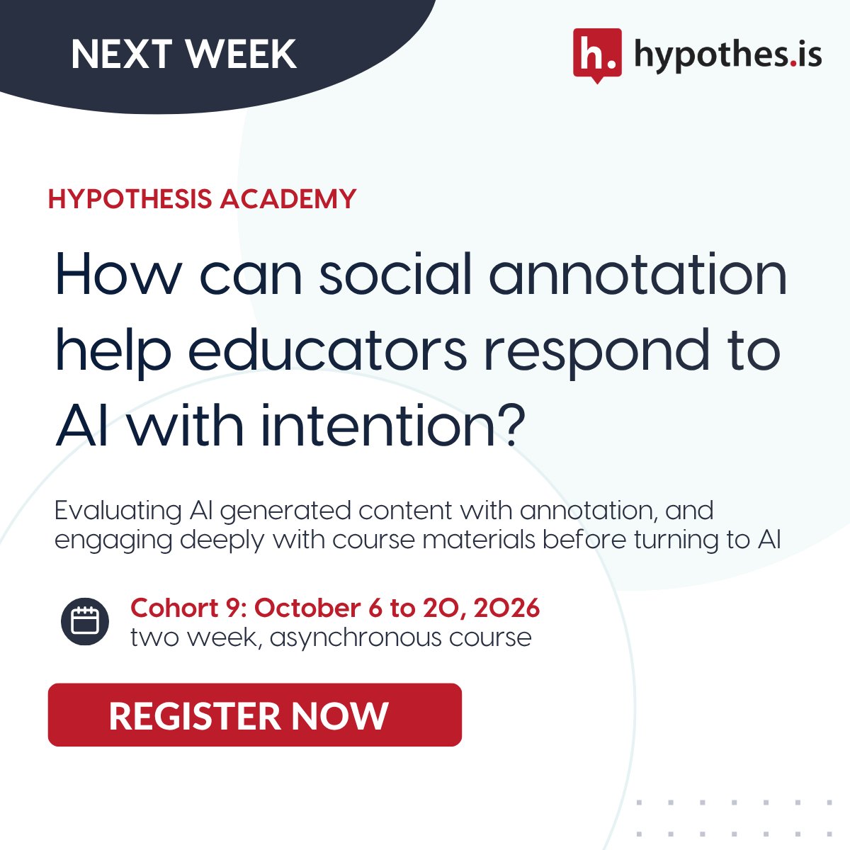 hypothes_is's tweet photo. Join #HypothesisAcademy, a two week, asynchronous course combining practical assignment design, AI literacy, and educator collaboration.
Cohort 9 begins October 6
https://t.co/oJFdaxZrlm
#HigherEd #AILiteracy #SocialAnnotation #FacultyDevelopment #TeachingAndLearning https://t.co/HppdnM56wJ