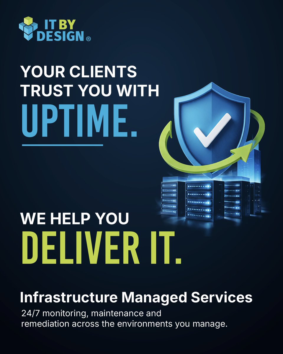 IT_BY_DESIGN's tweet photo. Your clients are paying for confidence. IT By Design puts 24/7 NOC and SOC infrastructure operations behind your MSP, so you stay ahead of issues before they escalate. 

Talk to an expert: https://t.co/MXhXSGS6p1

#MSP #InfrastructureManagement #NOC https://t.co/cPJBmki0Qc