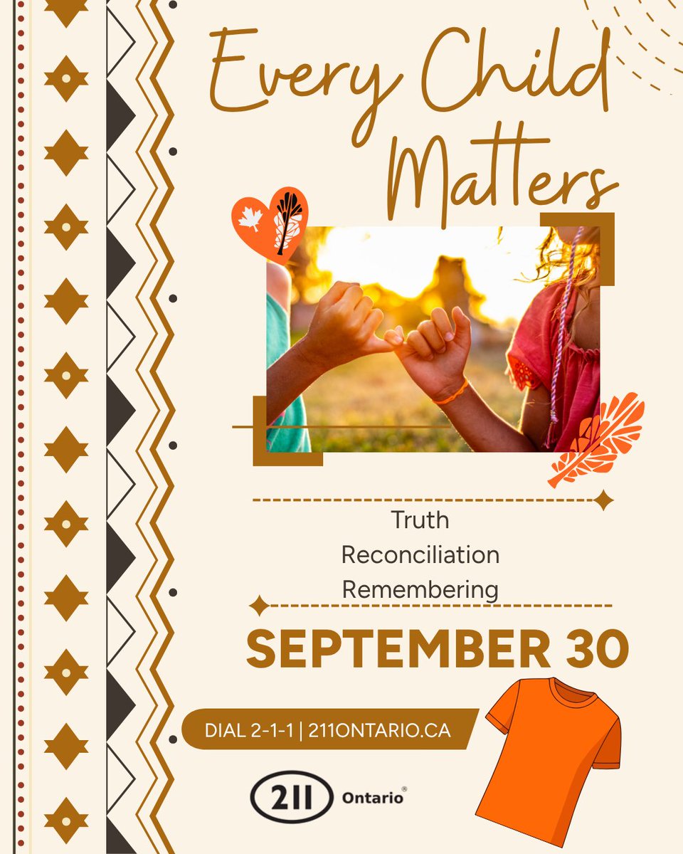 211Ontario's tweet photo. Today we honour children lost, Survivors of residential schools, and families carrying this legacy. Truth and Reconciliation is a commitment to keep listening, learning, and reflecting. 🧡 #211Ontario #HelpStartsHere #TruthAndReconciliation #EveryChildMatters https://t.co/iqaVSpxIKH