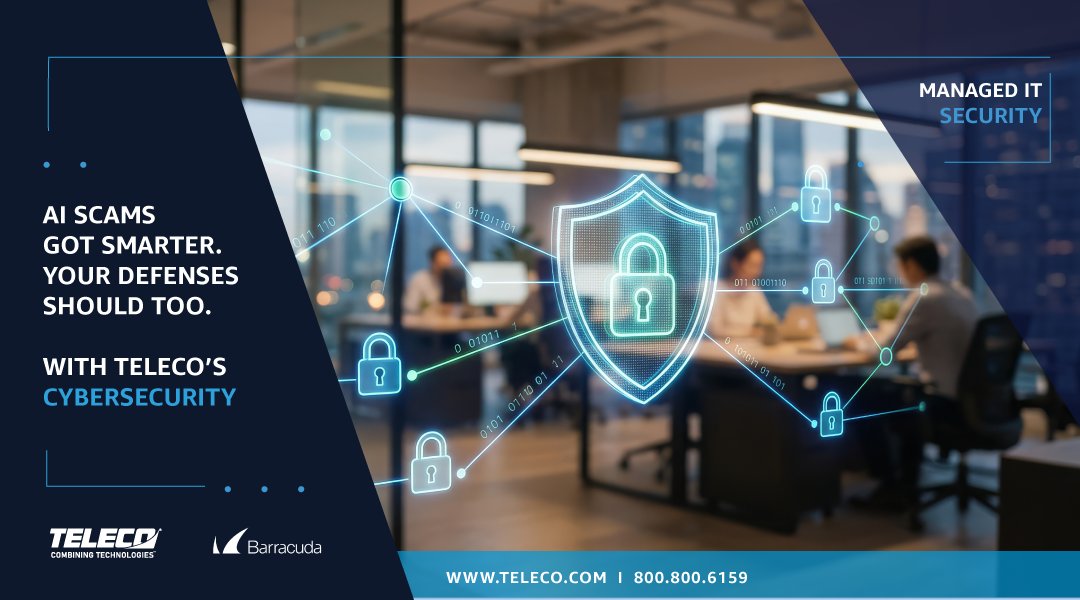 TelecoSupport's tweet photo. That call, email, or video might not be who you think. TELECO's Cybersecurity services defend against AI-powered scams. https://t.co/gzWELz3K12  #TELECO #Cybersecurity #ThreatDetection #AIPhishing #MFA https://t.co/TRn8qS9Urc
