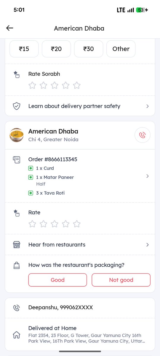 idpkt's tweet photo. @zomato Really disappointed with my order from American Dhaba. The order was delivered almost 1 hour late, the rotis were stale, and the Matar Paneer had barely 2 pieces of paneer in the entire portion. The gravy was mostly onion-tomato and the taste was extremely bland https://t.co/Yv5pUeL01l