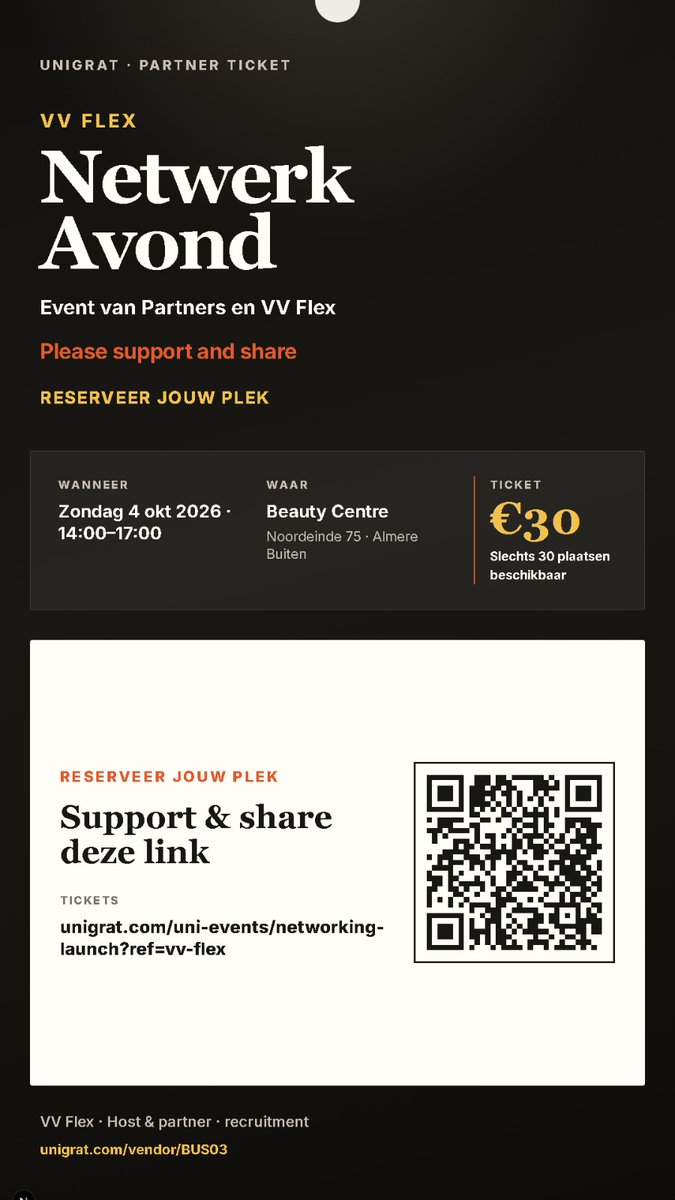 vvflex's tweet photo. Aanstaande zondag vindt een netwerk event van Unigrat plaats en VVFLEX is daar ook bij betrokken. Via de QR code kun je tickets bestellen voor €30,00 per stuk en daarmee krijg je een voordeel van €20,00 korting voor als je gebruik wil maken van de diensten van Unigrat. https://t.co/WdU4gPviz0