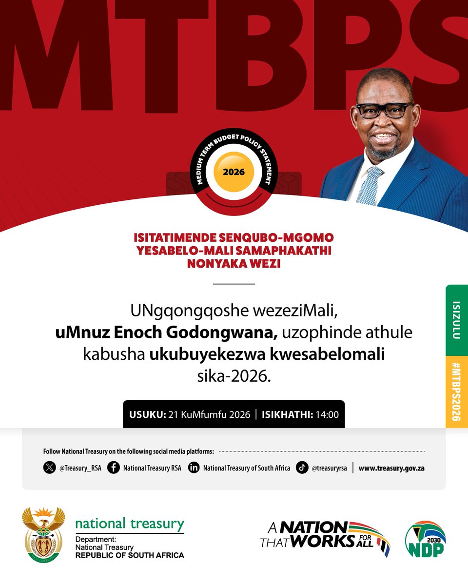 Treasury_RSA's tweet photo. 📢Tona ya Matlotlo, Rre Enoch Godongwana, o tla boela gape a bega Tekanyatso-kabo ya 2026.

#MTBPS2026 #GovUpdatesZA @GovernmentZA https://t.co/hkEdDE9cnE