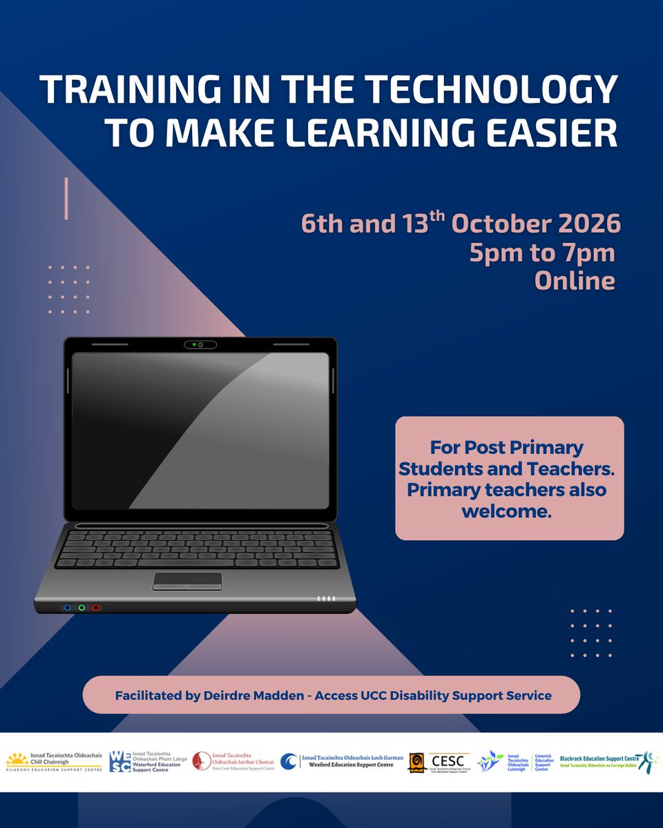 cork_cesc's tweet photo. 📚 Training in the Technology to Make Learning Easier.

Deirdre Madden (UCC) | Tuesday 6th &amp; 13th Oct 2026.
2 x 2 hour sessions.

Use free &amp; built-in tools to help reading, writing &amp; studying. Post-primary students &amp; teachers (primary welcome also).
Book: https://t.co/WgQOrGjQ98 https://t.co/8YAAFQmghZ