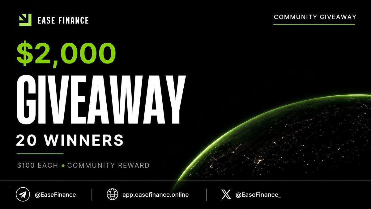 easefinance_'s tweet photo. 🎁 $2,000 GIVEAWAY — 20 WINNERS
We’re giving 20 random users $100 USDT each!
To enter: 
→ Follow @EaseFinance_
→ Like + Repost
→ DM your BSC wallet address

End Date: 5TH October 
Good luck! 💚
#EaseFinance #DeFi https://t.co/SJnvUL2EEV
