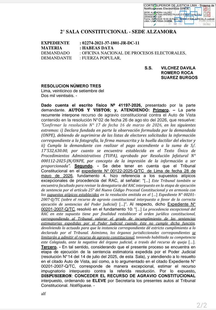 MarthaChavezC's tweet photo. Luego de 5 años de trámite, Fuerza Popular ganó el proceso de Habeas Data interpuesto contra la ONPE, que se negó a exhibir el listado de electores concurrentes a cada mesa electoral en las elecciones del 2021. 
Se solicitó ese listado, con fines de fiscalización. https://t.co/88PEvDzxNe