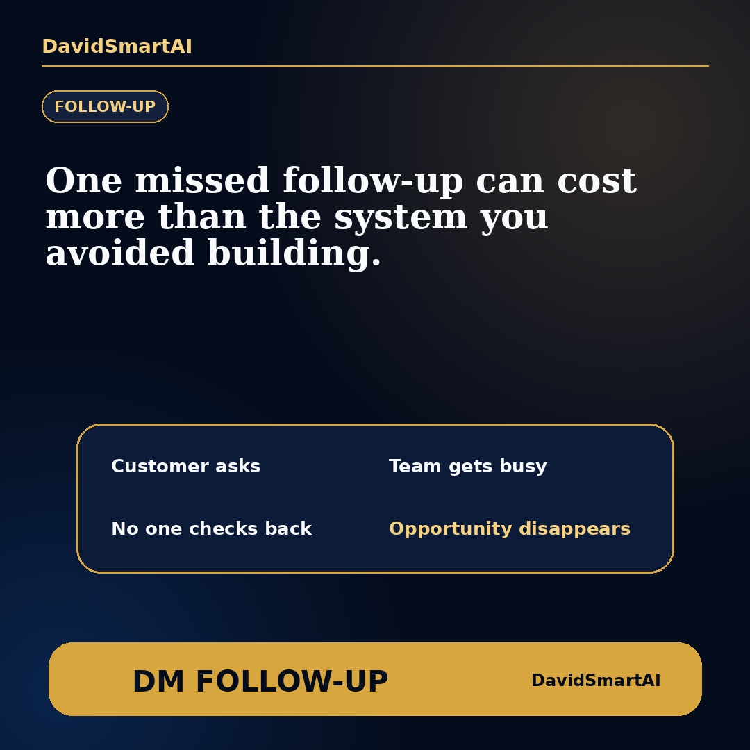 davidsmartai's tweet photo. Many businesses don’t lose customers because the product is bad.

They lose them because follow-up is weak.

Customer asks. Team gets busy. Reply comes late. No one checks back. Opportunity disappears.

AI can support reminders, summaries and follow-up workflows.

DM “FOLLOW-UP”. https://t.co/wlym5kcgnZ