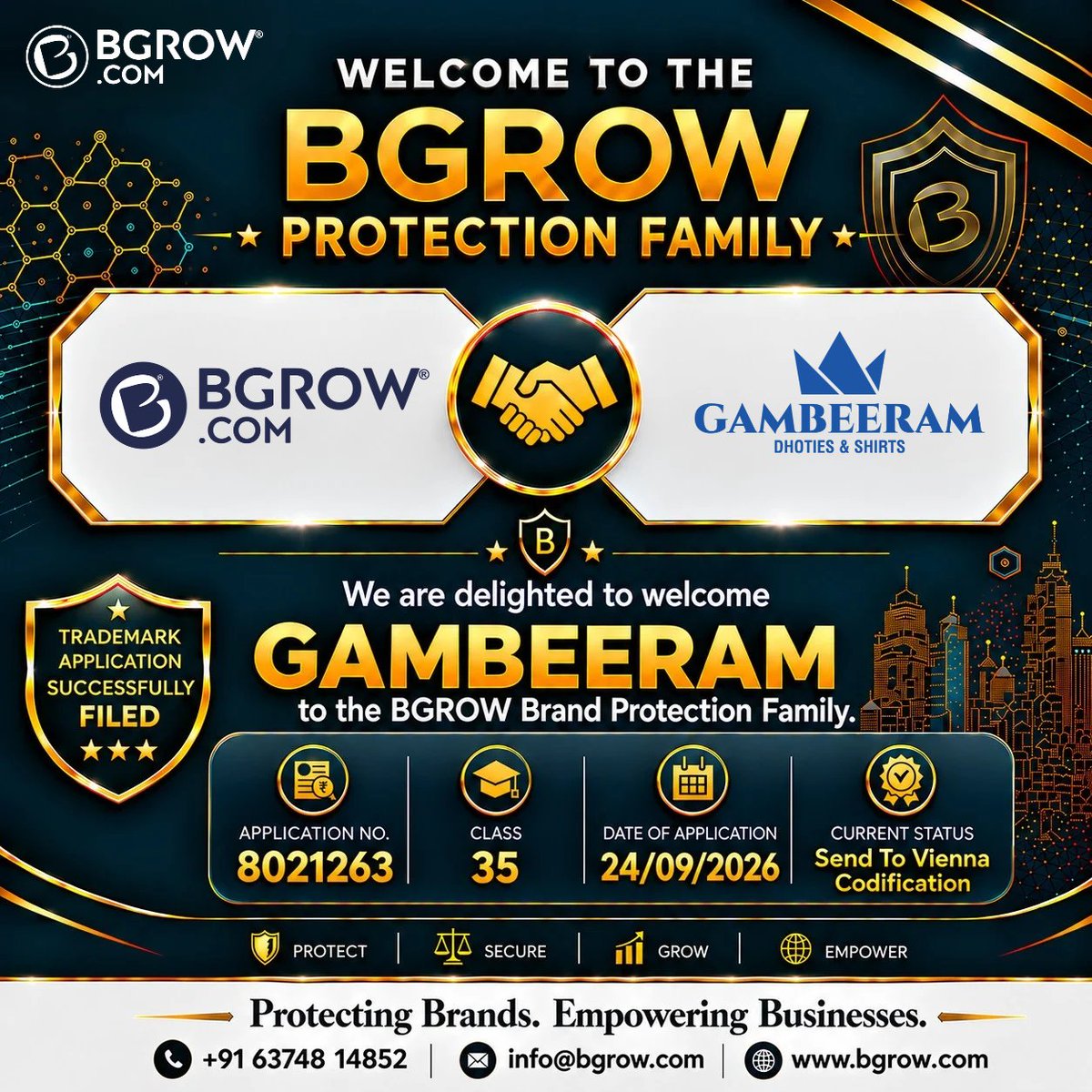 Bgrowindia's tweet photo. ๐ Welcome to the BGROW Protection Family!
BGROW SOLUTIONS PVT LTD
๐ +91 63748 14852 | 82204 49933
๐ https://t.co/Gdn08qikId | โ๏ธ info@bgrow.com
#BGROW #Gambeeram #TrademarkRegistration #TrademarkProtection #BrandProtection #BrandIdentity #Class35 #TrademarkIndia https://t.co/bG7gZIouql