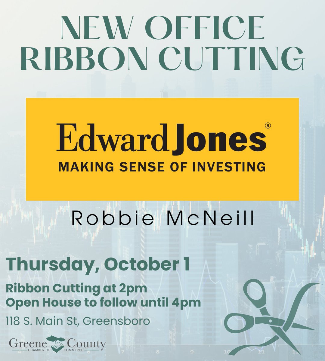 GreeneGaCCOC's tweet photo. RIBBON CUTTING TOMORROW!
Join us in celebrating the new office for Robbie McNeill of Edward Jones! We will host a ribbon cutting of his new office on Thursday, October 1 at 2pm with an open house to follow. 

#GCCoC #GreeneCountyChamber #ChamberMember #LocalEvents https://t.co/atjbB4TyGT