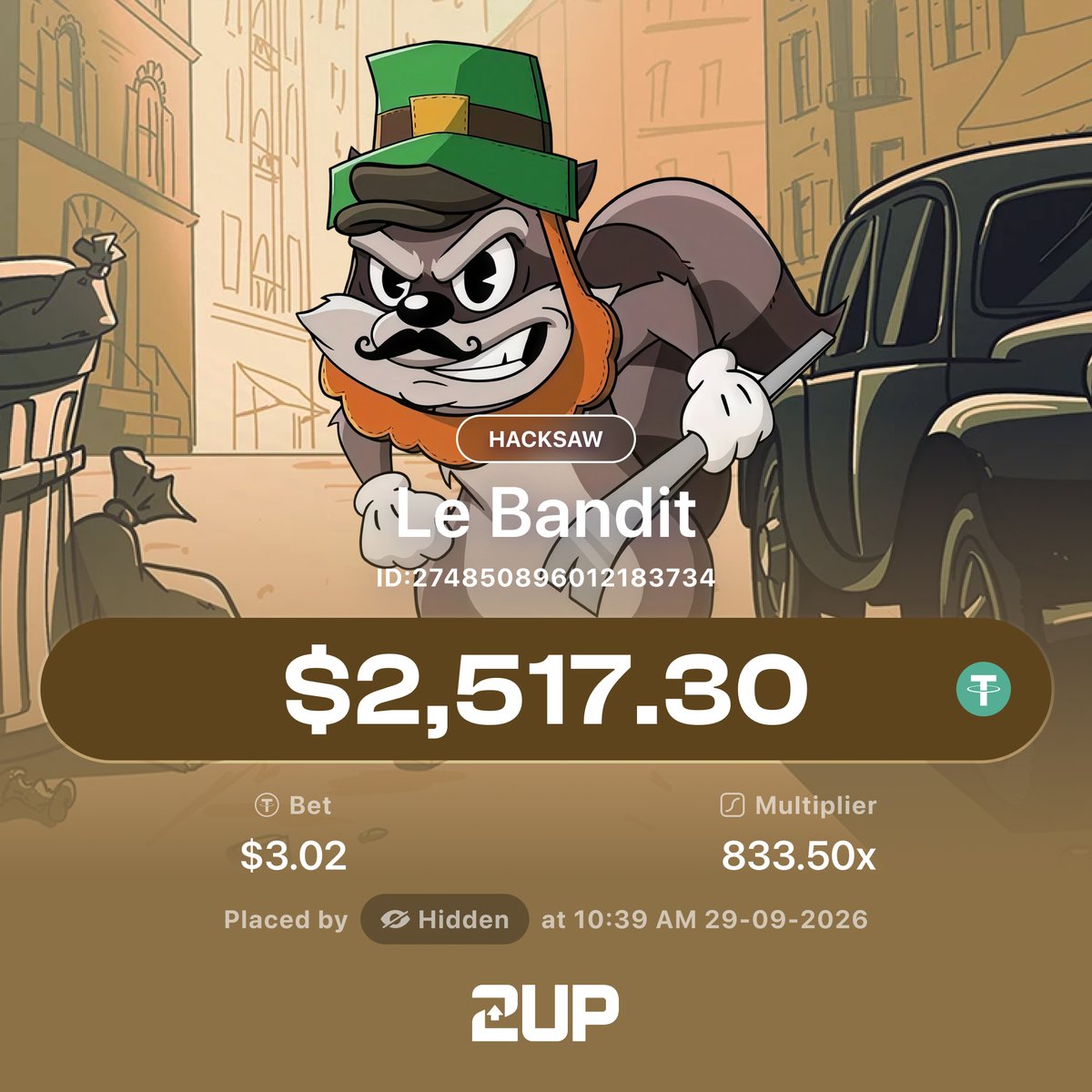 play2upio's tweet photo. $3.02 in, $2,517.30 out on Le Bandit 🦝

A rabid French raccoon broke into someone’s backyard shed with a rusty crowbar and walked away with mid-tier heist money!

We have a $20 bonus for you.

Follow @play2upio + tag 3 gambling bros + RT + like + drop your user

GL :)

👉🏻 Play:
https://t.co/Ri4OKVbXAZ