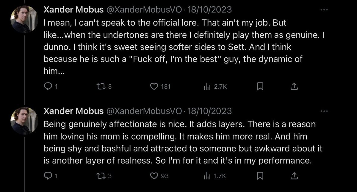 applesatnight's tweet photo. I'm 100% SURE that if Sett's interactions towards Aphelios in LoR wasn't directed to him but to Miss S, Miss A or any other woman y'all wouldn't be half as worried about that being ooc for him.

Mind you, Sett's VA himself said it was a LAYER of his character. https://t.co/U8IozzTnr0
