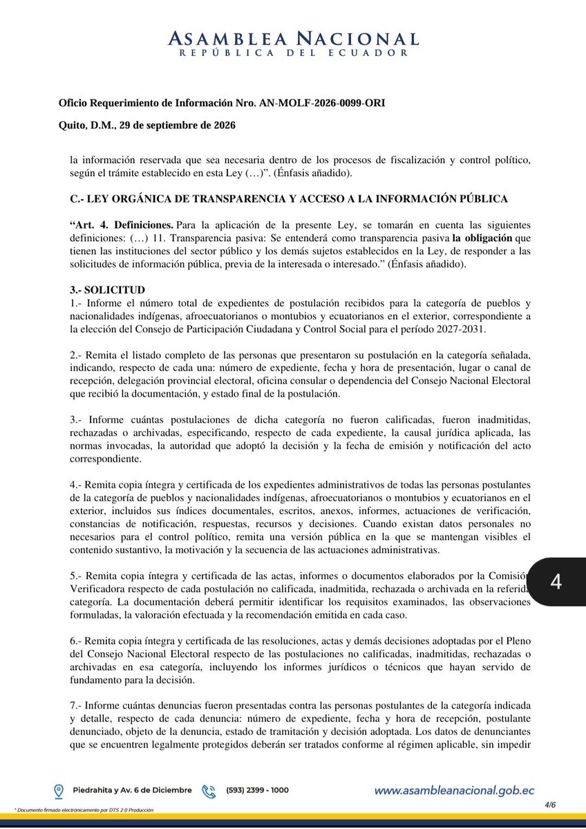 LFMolinaO's tweet photo. 🚨 ¿Qué pasó con las postulaciones para el @CpccsEc?

De 309 postulaciones, tras la verificación quedaron 65 candidaturas calificadas. Pero hay un hecho que exige respuestas: en la categoría de pueblos y nacionalidades indígenas, afroecuatorianos, montubios y ecuatorianos en el exterior, solo quedó UNA candidatura.

Un proceso electoral donde una categoría termina con un solo candidato es, cuando menos, un absurdo democrático que merece ser explicado.

Por eso he solicitado al CNE toda la documentación: postulaciones, inadmisiones, causales de no calificación, denuncias, verificaciones, decisiones y recursos.

La ciudadanía tiene derecho a saber cómo y por qué se llegó a este resultado. La transparencia no se anuncia: se demuestra. 🇪🇨