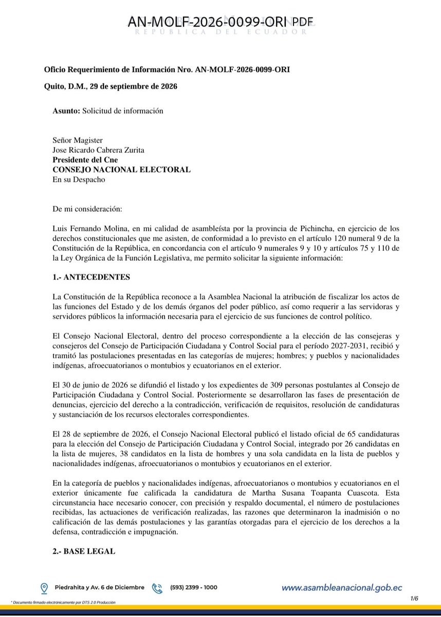 LFMolinaO's tweet photo. 🚨 ¿Qué pasó con las postulaciones para el @CpccsEc?

De 309 postulaciones, tras la verificación quedaron 65 candidaturas calificadas. Pero hay un hecho que exige respuestas: en la categoría de pueblos y nacionalidades indígenas, afroecuatorianos, montubios y ecuatorianos en el exterior, solo quedó UNA candidatura.

Un proceso electoral donde una categoría termina con un solo candidato es, cuando menos, un absurdo democrático que merece ser explicado.

Por eso he solicitado al CNE toda la documentación: postulaciones, inadmisiones, causales de no calificación, denuncias, verificaciones, decisiones y recursos.

La ciudadanía tiene derecho a saber cómo y por qué se llegó a este resultado. La transparencia no se anuncia: se demuestra. 🇪🇨