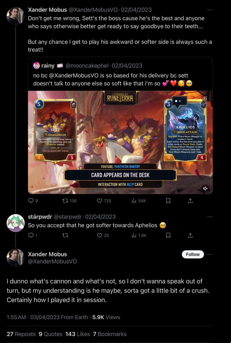 applesatnight's tweet photo. I'm 100% SURE that if Sett's interactions towards Aphelios in LoR wasn't directed to him but to Miss S, Miss A or any other woman y'all wouldn't be half as worried about that being ooc for him.

Mind you, Sett's VA himself said it was a LAYER of his character. https://t.co/U8IozzTnr0