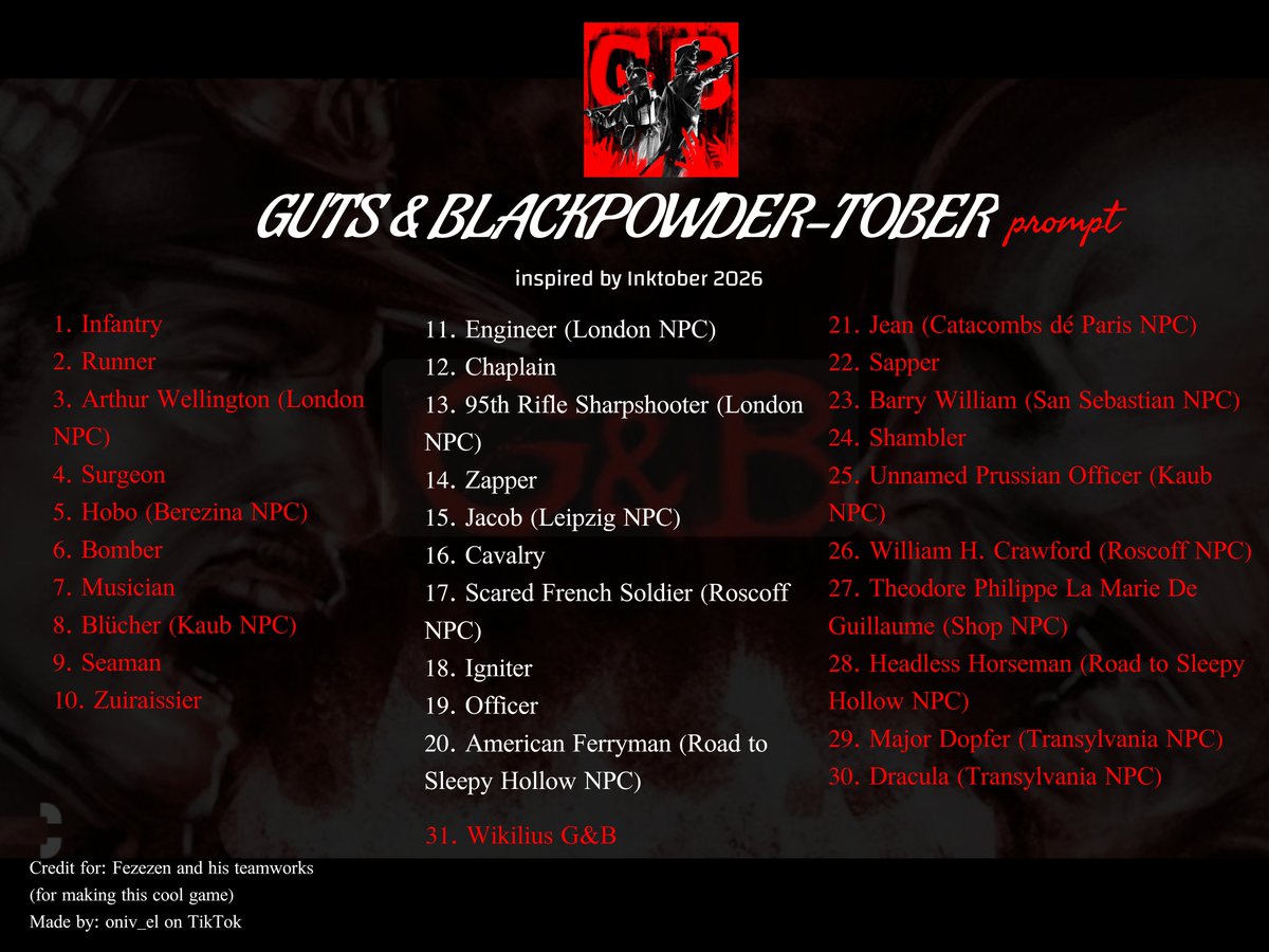 oniv_el's tweet photo. [🥃] Big thanks for @Fezezen who is the Developer of this PEAK game. 

So, for this October, I want to ALL of the G&amp;B artist could participate in this Inktober (G&amp;B version) . 
>> https://t.co/yObqK6g054

#gutsandblackpowder  #GNBtober #inktober #fyp https://t.co/M56WLiCaLp