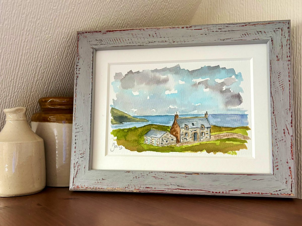 armadalefarm's tweet photo. We had some kind guest’s staying with us who painted this watercolour of the croft  at Fleuchary. Barbara, from the Coo’s Tail Gallery in Thurso, making great job of framing it. It’s a special place to shop in town. 👌🏻❤️ https://t.co/rZBzr08XCe