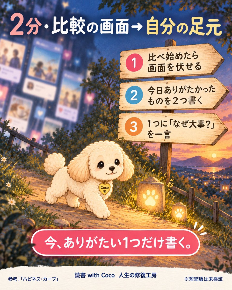 read_with_coco's tweet photo. みんな楽しそうに見えて、自分だけ足りない気がする夜に2分だけ🐾

画面を伏せて、今日ありがたかったものを2つ。

そのうち1つに「なぜ大事？」を一言つける。

『ハピネス・カーブ』の視点から作った、読書 with Cocoオリジナルワークです。
※この2分版自体は未検証。

今、ありがたい1つだけ書いてみる。

読書with Coco🐾