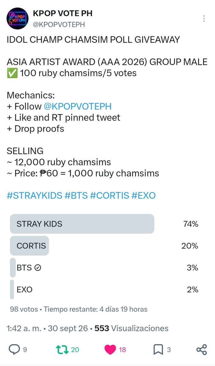 SRamirez75834's tweet photo. @KPOPVOTEPH Done for #BTS https://t.co/nksV9EeU77