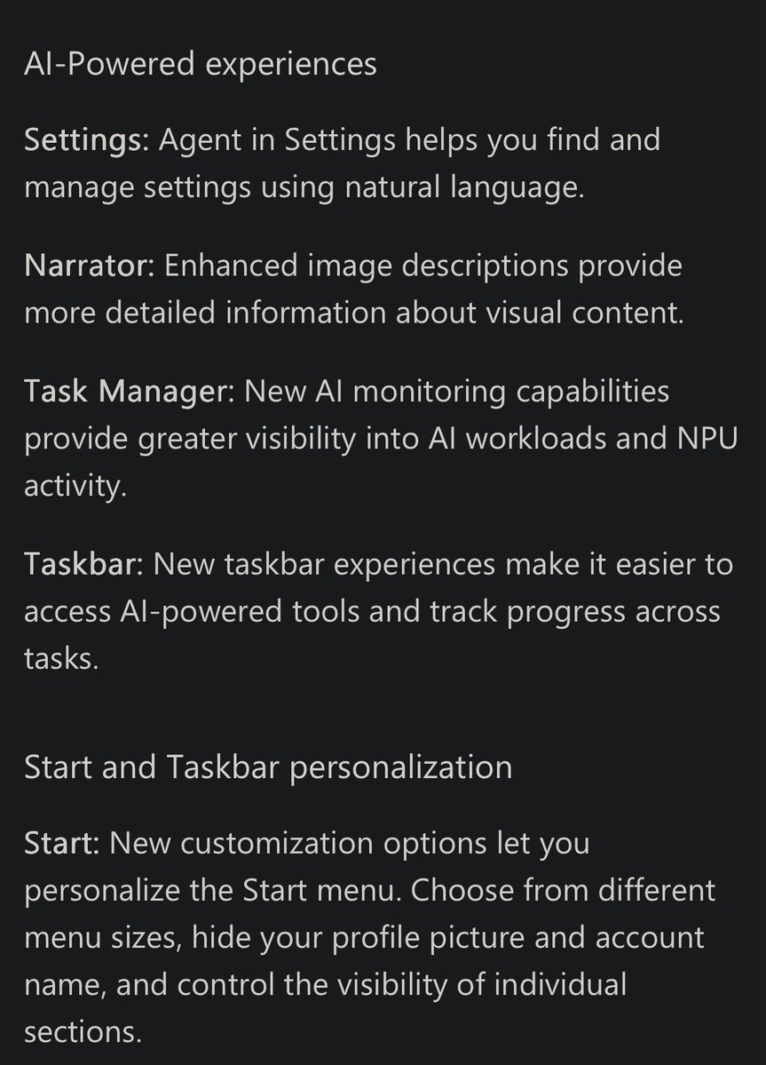 Pirat_Nation's tweet photo. Win 11 26H2 is here, with ai agents.. Microsoft is desperate in shoving this tech down the publics throat.

Microsoft is pushing AI agents deeper into Windows 11 with the 2026 update.

On Copilot+ PCs, the Settings app now has an AI agent that can understand what you’re asking for and help you find or change Windows settings.

you can describe what you want in normal language and the agent can help you get there.