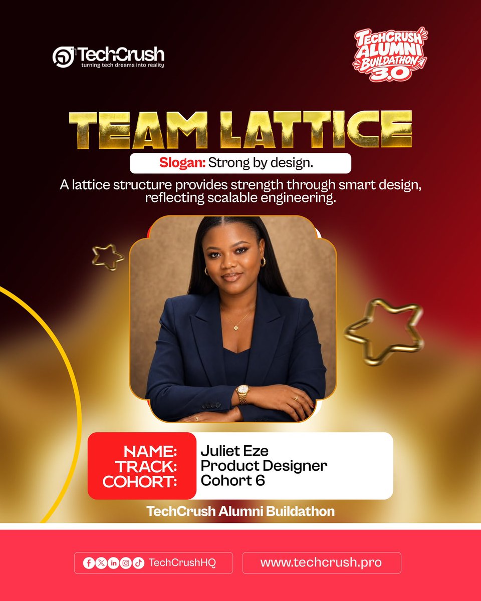 Julietukamaka4's tweet photo. Officially building with Team Lattice at the @TechCrushHQ Alumni Buildathon 3.0! 🚀
Product Designer, Cohort 6. Our slogan: Strong by design.
Excited to build something great with this team. Watch this space 👀
#TechCrush #Buildathon #ProductDesign
#29Sept #trendingréels https://t.co/PxSsmi6OLP
