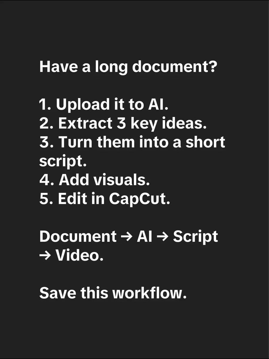 CuriousCreatorX's tweet photo. How to turn a document into a video: let AI extract the key ideas, create the script, then build the video in CapCut.
#AIContent #ContentCreation #AITools #CapCut #AIWorkflow https://t.co/uhzcPbrXL5