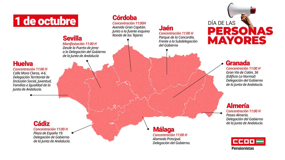 ccooandalucia's tweet photo. 🧓DÍA DEL MAYOR | No olvides que mañana 1 de octubre nos concentramos por los derechos de las personas mayores en Andalucía.
🙌Por unos servicios públicos que cuiden a nuestros y nuestras mayores.

📢Busca la concentración más cercana y súmate 💪 https://t.co/vXSNZzl7wY