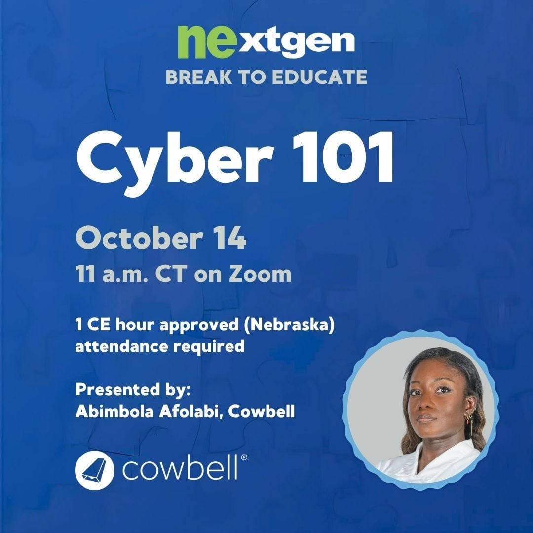 BigIofNebraska's tweet photo. Join NExtgen on Oct. 14 for "Cyber 101," presented by Cowbell. We’ll break down the basics of cyber insurance, see how cybersecurity and insurance intersect, and debunk common myths. You’ll get 1 CE hour and more confidence in conversations with clients.
https://t.co/MrMDjvcxDi https://t.co/IzttnUPueB