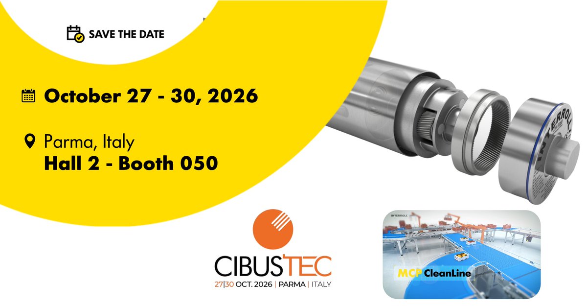 InterrollGroup's tweet photo. Visit Interroll &amp; Royal Apollo at #CibusTec in Parma starting Oct 27! 🇮🇹

📍 Hall 2, Booth 050

Discover: ✅ Cleanable IP66/IP69K Drum Motors ✅ Stainless-Steel MCP CleanLine ✅ Royal Apollo Spiral Conveyors 🌀

Book a tour: https://t.co/1TYccO51L9
#FoodProcessing https://t.co/ICda1NLw0W
