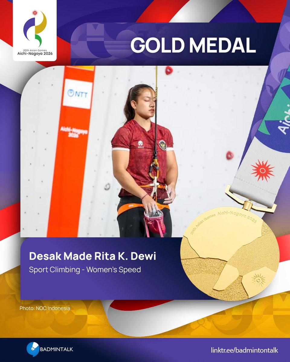 BadmintonTalk's tweet photo. THIRTY-FIRST medal for Indonesia at #AsianGames2026

Sport Climbing - Women's Speed 4
🥇Desak Made Rita Kusuma Dewi (INA)
🥈Deng Li Juan (CHN)
🥉Jeong Ji Min (KOR)

FOURTH GOLD FOR INDONESIA!

#AichiNagoya2026 https://t.co/e0cB0IiSAC