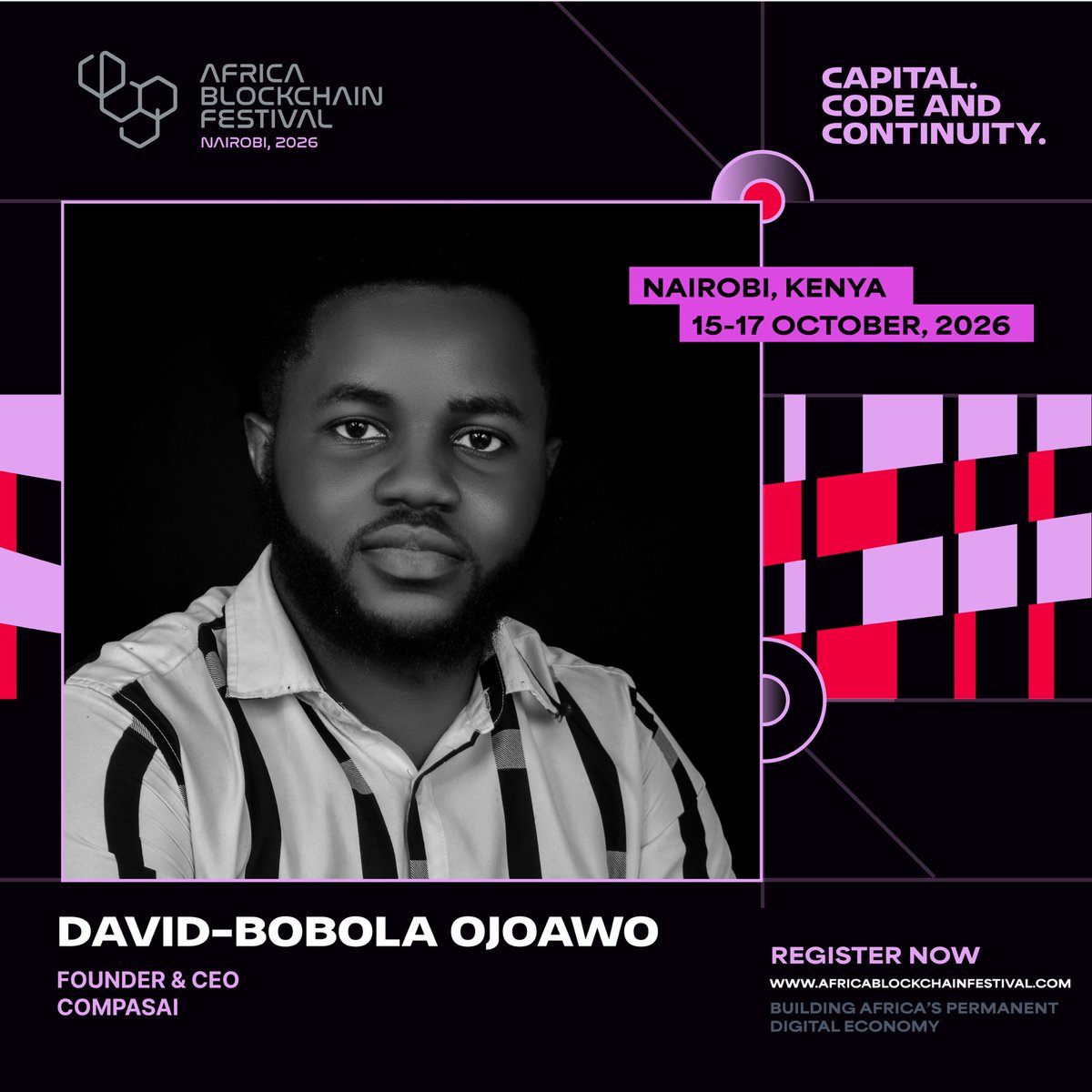 africablockfest's tweet photo. David-Bobola Ojoawo(@davidbobola), an engineer turning ambitious ideas into technologies designed for the way people actually live and work.

As Founder & CEO of CompasAI, he is creating new possibilities across career development and productivity, while his work has produced innovations including AGT and Xpat.

Recognized by Harvard D3 Labs and Microsoft, David-Bobola brings his expertise to Africa Blockchain Festival 2026, where he will explore the technologies shaping the next generation of digital experiences

📅 October 15–17, 2026
📍 Sarit Expo Center, Nairobi