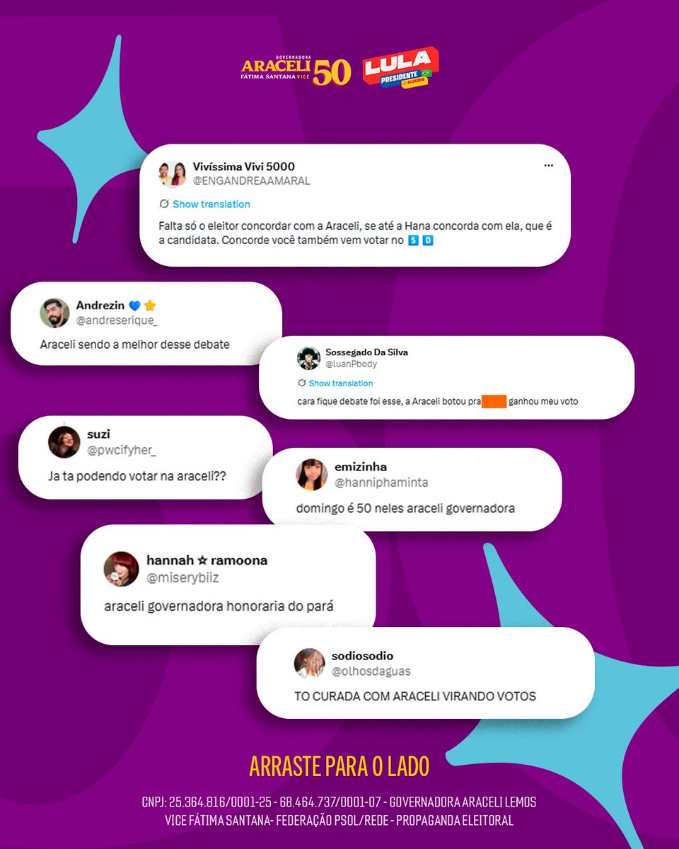 AraceliLemos's tweet photo. O POVO FICOU IMPACTADO! 💜
Depois do debate, as redes se encheram de mensagens de quem acompanhou cada fala da Ara.
A gente reuniu alguns desses comentários! Vem ver vê o que o povo disse! 🥹💜
#aradopara #araceli50 #IMPACTADAESTOU #debatetvliberal https://t.co/46EL2Pnimw