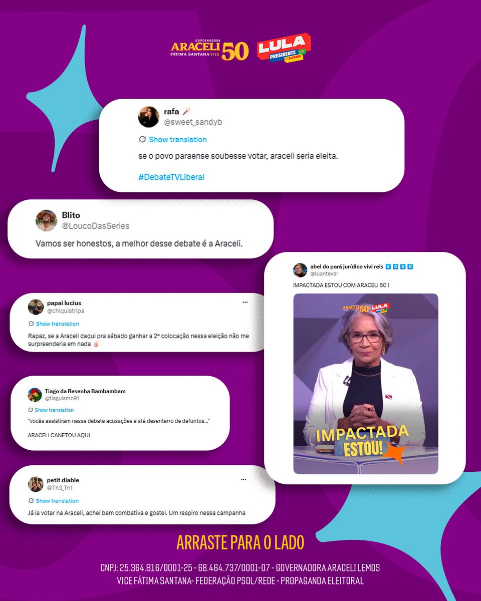 AraceliLemos's tweet photo. O POVO FICOU IMPACTADO! 💜
Depois do debate, as redes se encheram de mensagens de quem acompanhou cada fala da Ara.
A gente reuniu alguns desses comentários! Vem ver vê o que o povo disse! 🥹💜
#aradopara #araceli50 #IMPACTADAESTOU #debatetvliberal https://t.co/46EL2Pnimw
