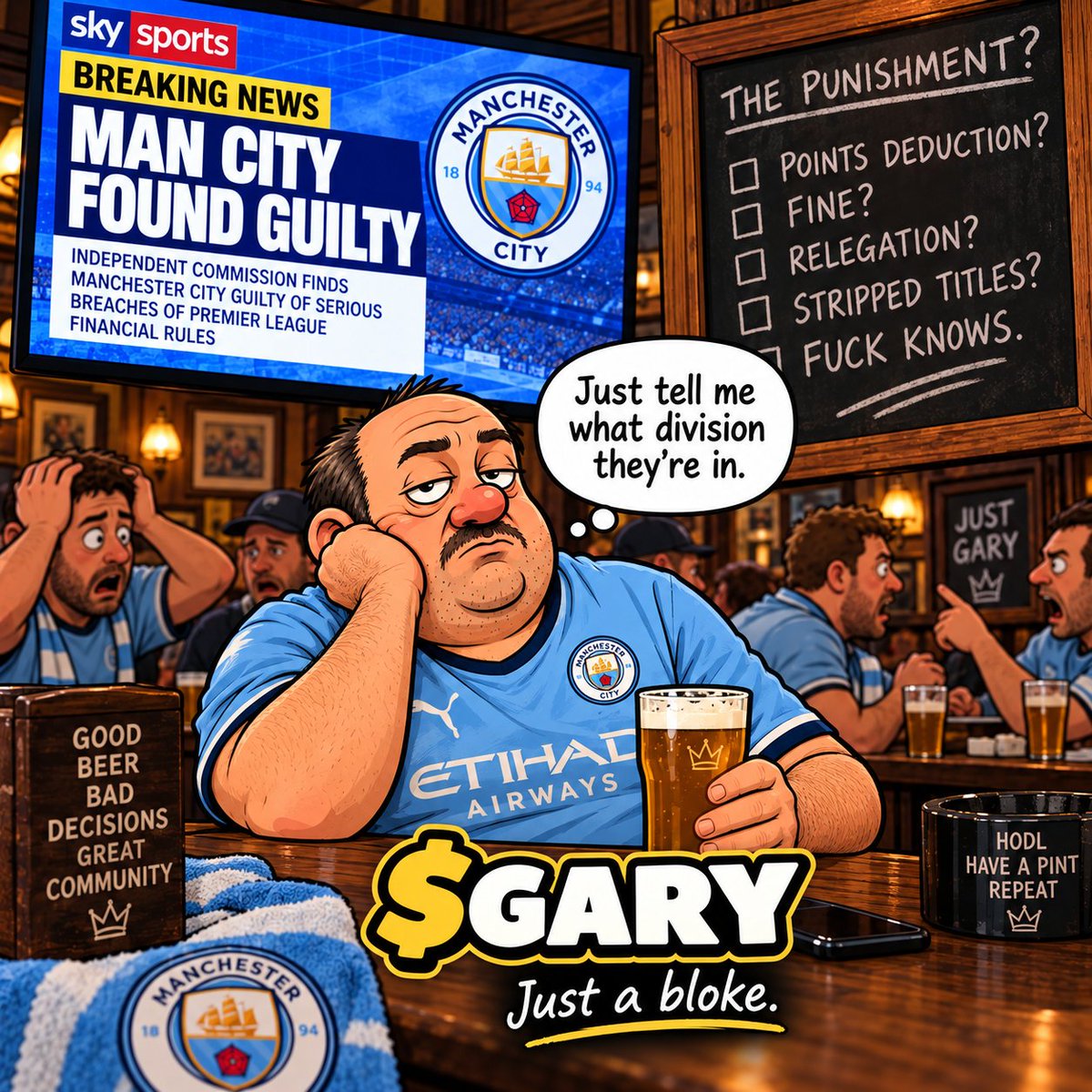 GaryTheToken's tweet photo. Been trying to work out what happens to Man City.
Fuck knows. 🍺 https://t.co/sKqcNCFfEz