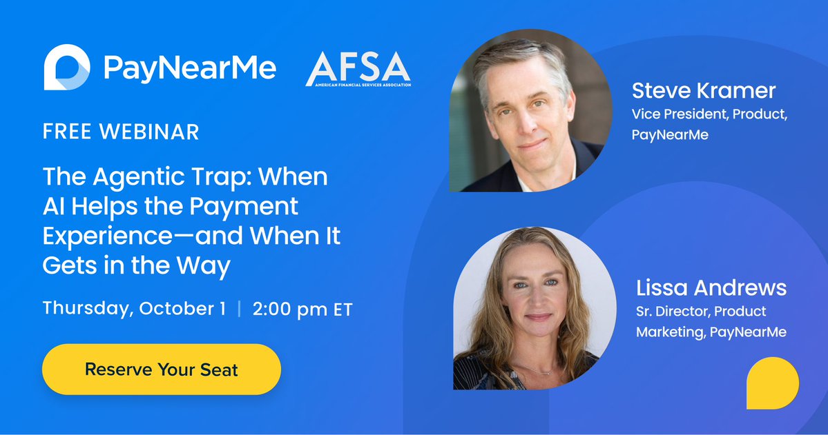 PayNearMe's tweet photo. Last chance to register! ⏰

Tomorrow at 2 p.m. ET, join PayNearMe’s Lissa Andrews and Steve Kramer for an AFSA webinar, The Agentic Trap: When AI Helps the Payment Experience—and When It Gets in the Way, hosted by @AFSA_DC.

Save your spot: https://t.co/XIbE9aQRnj https://t.co/hRQfbs5RpU