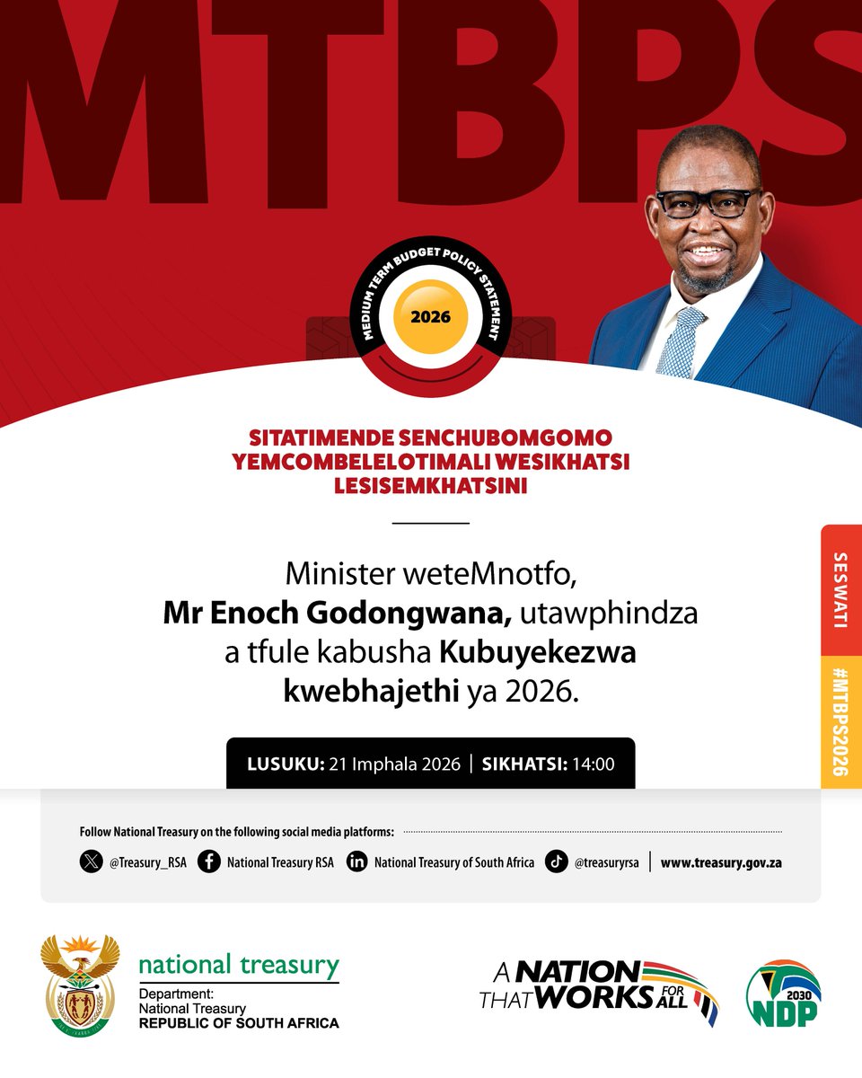 Treasury_RSA's tweet photo. 📢Holobye wa timali, nkulukumba Enoch Godongwana u ta andlala nakambe hivuntshwa mpimanyeto wa lembe ra 2026.

#MTBPS2026 #GovUpdatesZA @GovernmentZA https://t.co/8o5m9sBIyI