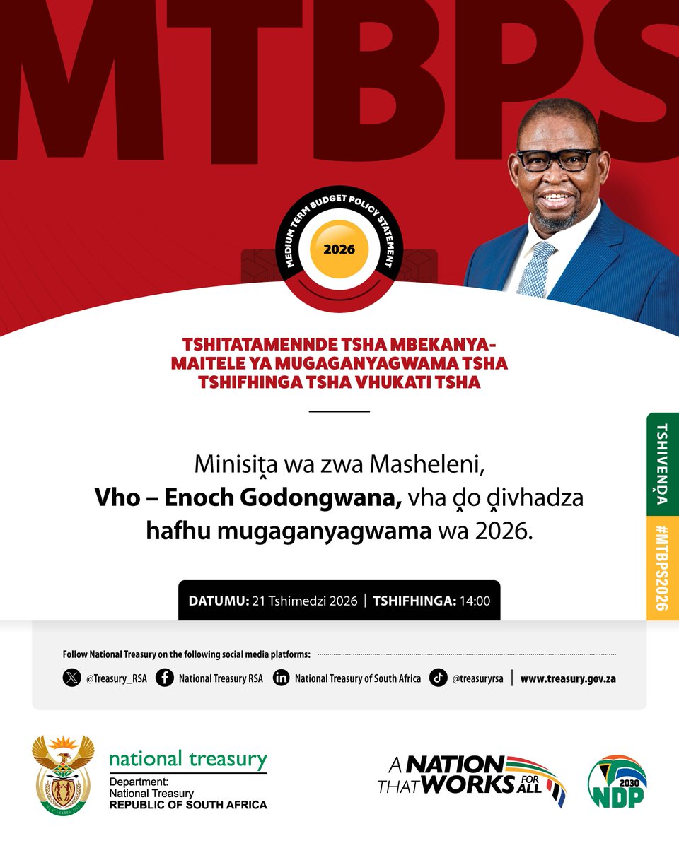 Treasury_RSA's tweet photo. 📢Holobye wa timali, nkulukumba Enoch Godongwana u ta andlala nakambe hivuntshwa mpimanyeto wa lembe ra 2026.

#MTBPS2026 #GovUpdatesZA @GovernmentZA https://t.co/8o5m9sBIyI
