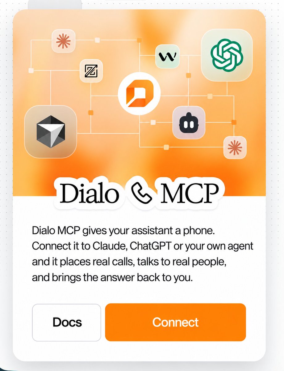 DialoAgent's tweet photo. MCP server, coming within the week

Connect Dialo to Claude, ChatGPT, or whatever you run your agents in, and your assistant places real phone calls on its own.

Every AI you already use is stuck behind a screen. This is the part that lets it out.

We're building it now. Shipping within a week.