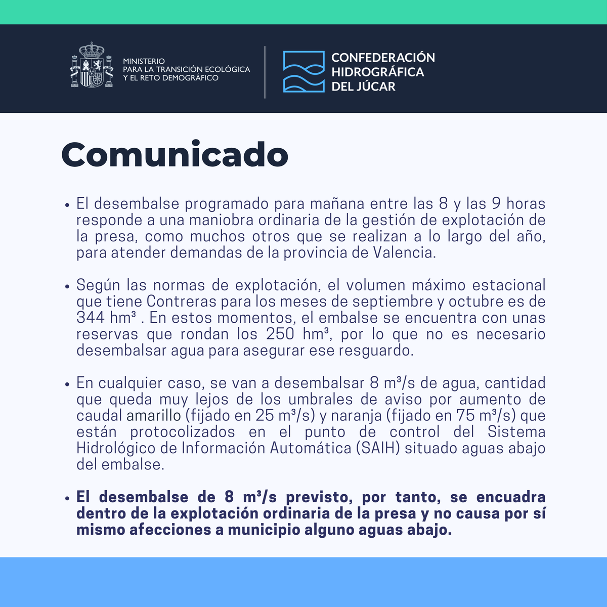 CHJucar's tweet photo. 📢 Respecto a las informaciones publicadas en algunos medios acerca del desembalse previsto en el embalse de Contreras, compartimos el siguiente COMUNICADO.

🔴 Recordamos que ofrecer información veraz y contrastada resulta esencial en la gestión de los riesgos por inundación. https://t.co/Os3NqEXqvy