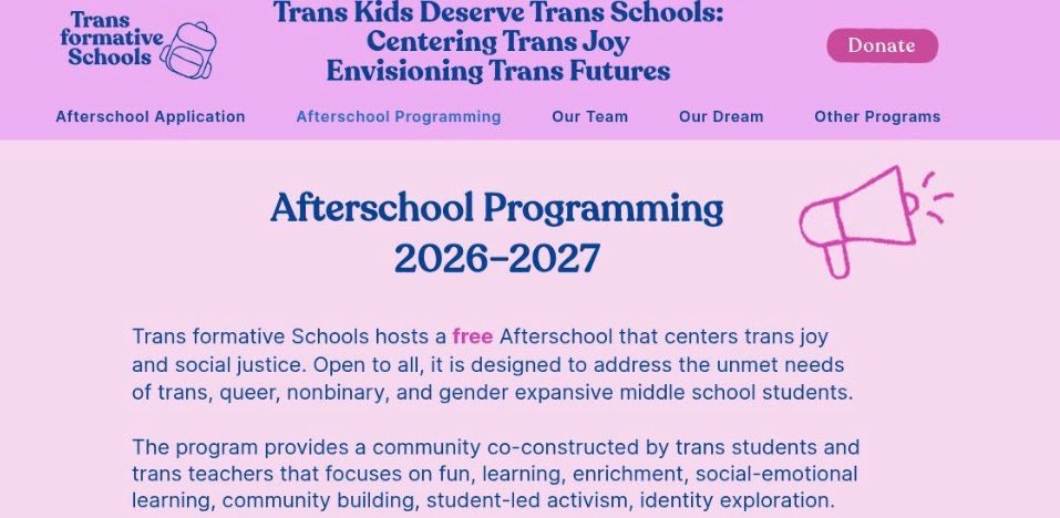 TonySeruga's tweet photo. REVEALED: Inside the Plan to Build ‘Trans Schools’ and Spread Their Lessons Nationwide

Its new grant comes from a fund backed by MacKenzie Scott, Jeff Bezos’s billionaire ex-wife.

—@nataliegwinters 

A New York education group is planning a trans middle school—and wants its approach to reach classrooms far beyond New York.

Trans Formative Schools spells out its ambition:

“Eventually, we aspire to support trans teachers to launch trans schools around the country and the world.”

Its plans extend to teachers already working in other schools. The organization proposes national educator training and free classroom materials combining conventional academic subjects with sex education and activism.

It already operates a free afterschool program welcoming students ages nine to fifteen. Its advertised activities include “Activism/Transing School.” And this September, a philanthropic fund backed by MacKenzie Scott named the organization among its latest grant recipients.

https://t.co/jotd3wKikO