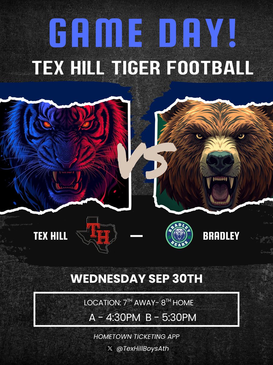 TexHillBoysAth's tweet photo. Happy Gameday! Itβs Bradley and Hill facing off today!
7th Grade will be AWAY at BMS. 8th Grade will be HOME at Tex Hill.
Get your tickets through Hometown Ticketing App!
Itβs a Great Day to be a Tiger!
#NEISDAthletics #TheTexasWay https://t.co/KrXFIwzPqN