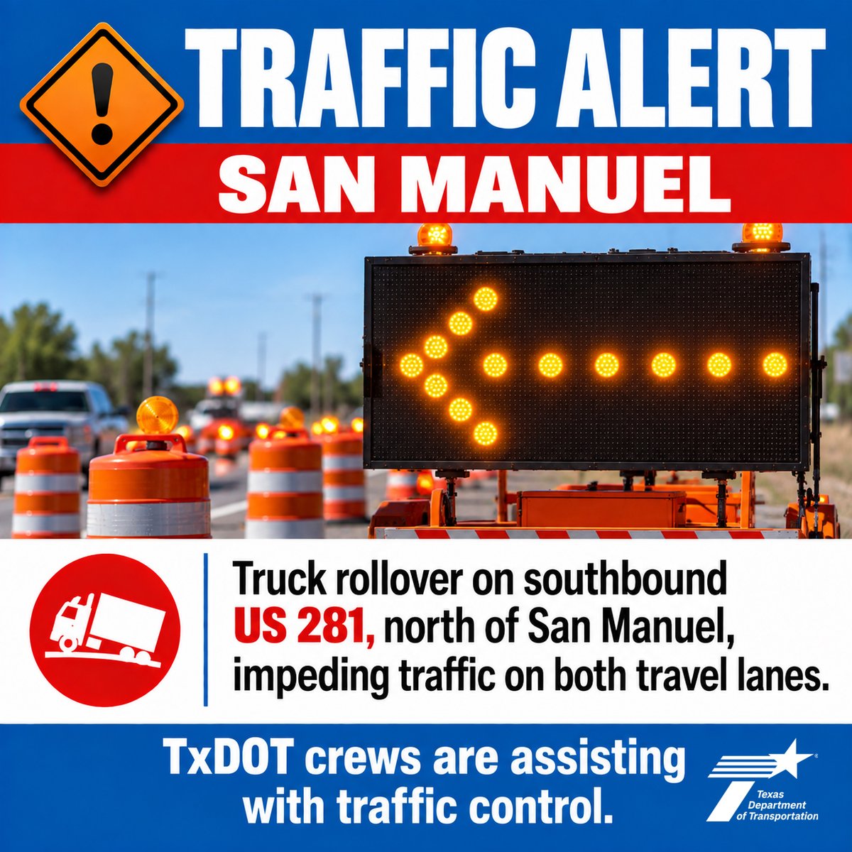 TxDOTPharr's tweet photo. CRASH ALERT/NORTH OF SAN MANUEL. A truck rollover on southbound US 281, north of San Manuel, is impeding traffic on both travel lanes. TxDOT crews are assisting with traffic control. Expect delays while traffic is rerouted. DPS estimates a 2-3 hour closure. https://t.co/Wzi2CvDtUH