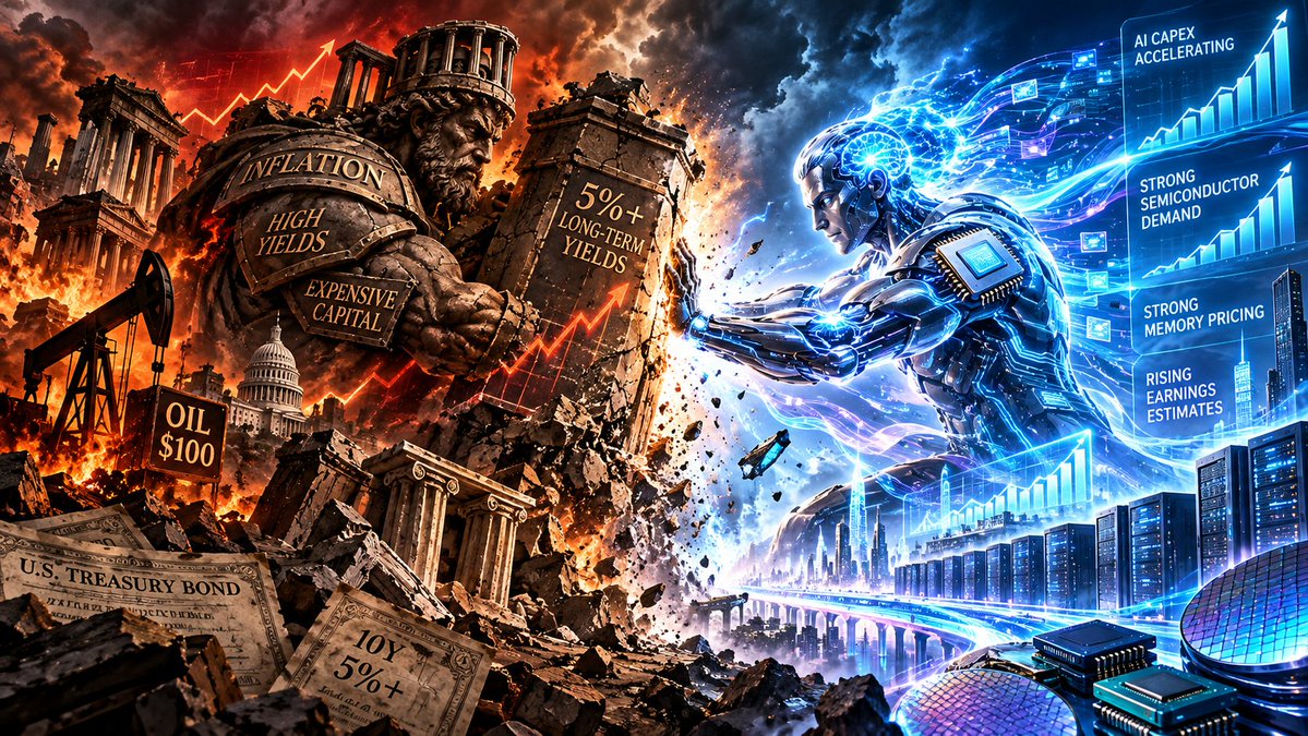 lukedavisBMB's tweet photo. You could almost use today as a case study for the entire market in 2026.

PCE this morning tells us what happens next to the discount rate.

Micron ($MU) tonight tells us what happens next to one of the fastest growing parts of the AI earnings cycle.

Those two forces are fighting each other constantly right now.

On one side:
- Sticky inflation.
- 5%+ long-term yields.
- Expensive capital.
- Oil near $100.

On the other:
- AI capex still accelerating.
- Semiconductor demand still strong.
- Memory pricing still strong.
- Earnings estimates still moving higher.

This contrast is why the market has been so interesting (and challenging for most) this year.

The macro backdrop is not supportive by many historical standards, but the fundamental acceleration underneath AI has so far proven powerful enough to absorb a very surprising amount of it.

In short: Macro is trying to compress the multiple. AI is trying to grow the earnings underneath it.

Right now those two forces are fighting each other every day.

And so far, the earnings have been a lot harder to kill than people expected.