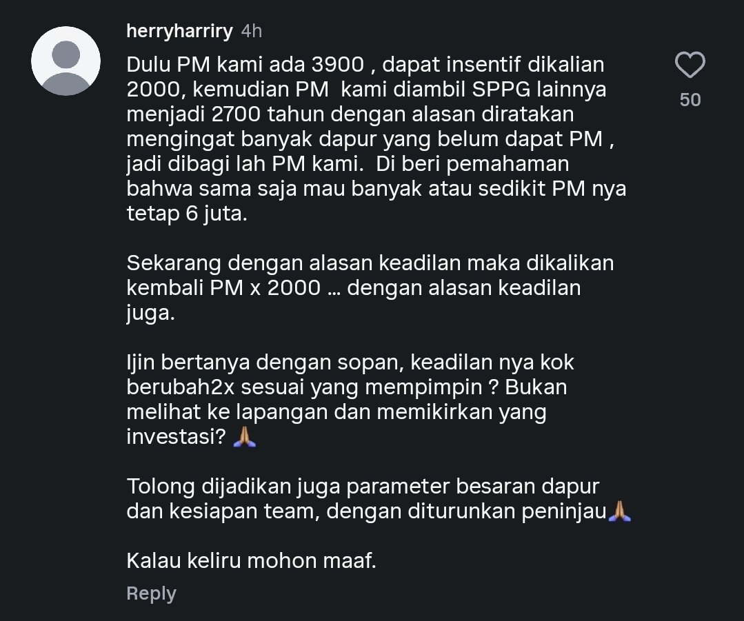 reftif_'s tweet photo. Mulai tanggal 5 Oktober 2026 insentif mitra SPPG akan berubah.

Yang awalnya 6 juta perhari diganti dengan 2.000 per porsi yang dibuat per SPPG

Para mitra tampak protes dengan kebijakan ini, tercermin dari komentar-komentar yang mereka layangkan di konten Bos BGN.

Kemarin para manajer KDMP yang protes, sekarang para mitra SPPG😃