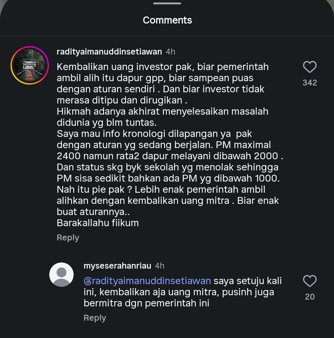 reftif_'s tweet photo. Mulai tanggal 5 Oktober 2026 insentif mitra SPPG akan berubah.

Yang awalnya 6 juta perhari diganti dengan 2.000 per porsi yang dibuat per SPPG

Para mitra tampak protes dengan kebijakan ini, tercermin dari komentar-komentar yang mereka layangkan di konten Bos BGN.

Kemarin para manajer KDMP yang protes, sekarang para mitra SPPG😃