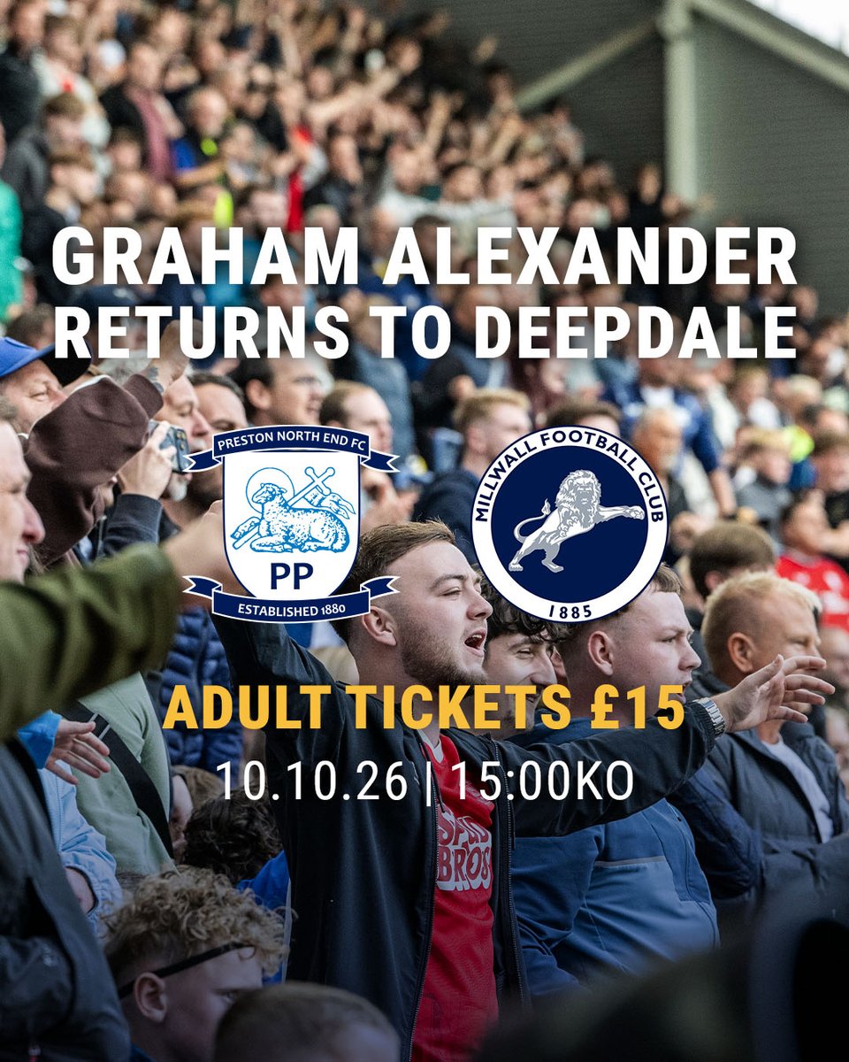 pnefc's tweet photo. Looking to get Deepdale rocking! 🔊

🎟️ Discounted tickets remain on sale for our clash with Millwall, with adult tickets available for just £15!

Buy yours today 👉 https://t.co/hbphzfUP75

#pnefc https://t.co/5rZqdUn3nH