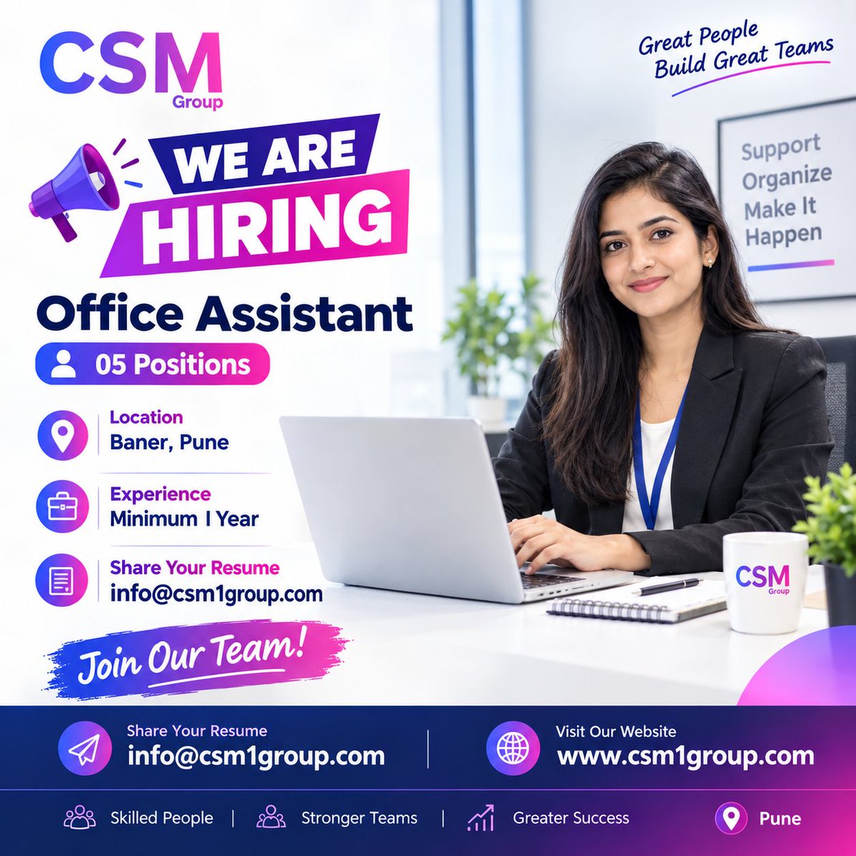 CsmGroup001's tweet photo. 🚨 WE ARE HIRING!

CSM Group is hiring Office Assistants in Baner, Pune.

👥 05 Positions
💼 Minimum 1 Year Experience
📍 Baner, Pune
📩 info@csm1group.com
🌐 https://t.co/qLgE9essE2
Join our team &amp; grow with us! 🚀

#Hiring #PuneJobs #OfficeAssistant #JobsInPune #BanerJobs #CSM https://t.co/llYNcdokQo