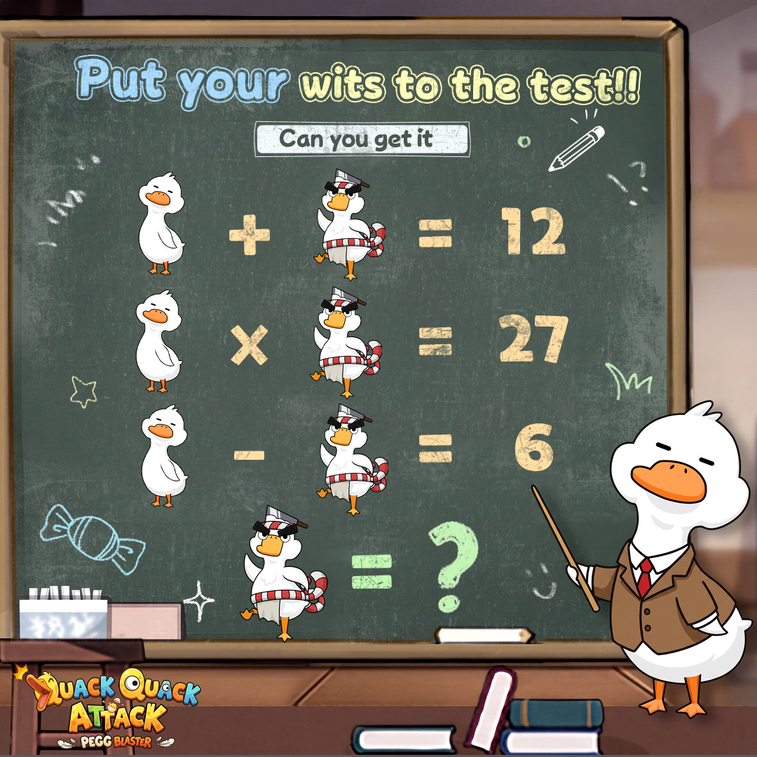 QuackAttackEN's tweet photo. To keep you from spending too much time scrolling on your phone 📱⏰, let’s give your brain a workout 🧠🧠—please solve the math problem below! 📚📚
Provide the correct answer and leave a comment with your server, ID, and character name!
🌟 We will randomly select 5 Commanders who share and comment to receive: Summon Voucher x3 and Diamonds x500.
👉 If the number of participants exceeds 20, we will select another 5 winners—bringing the total to 10 Commanders receiving in-game items as gifts.