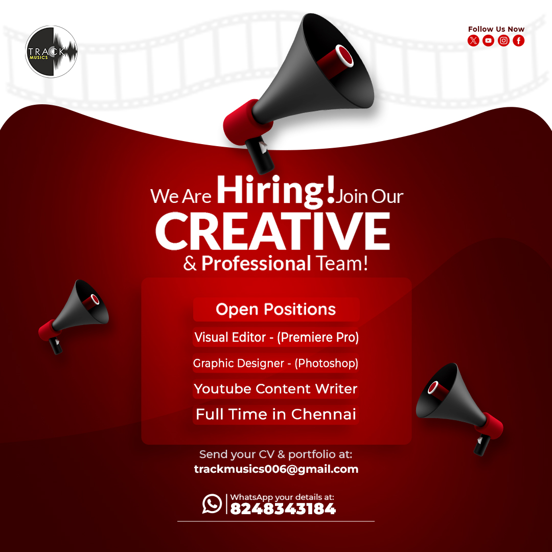 TrackMusics's tweet photo. 🎬 We’re Hiring! Join the Creative Team at Track Musics! 🔥
#TrackMusics #WeAreHiring #HiringNow #JobVacancy #ChennaiJobs #ChennaiHiring #EntertainmentJobs #CareerOpportunity #JobSearch #JoinOurTeam #HiringAlert #FullTimeJobs #TamilNaduJobs #ChennaiJobVacancy #ApplyNow https://t.co/IlEKhX1THA
